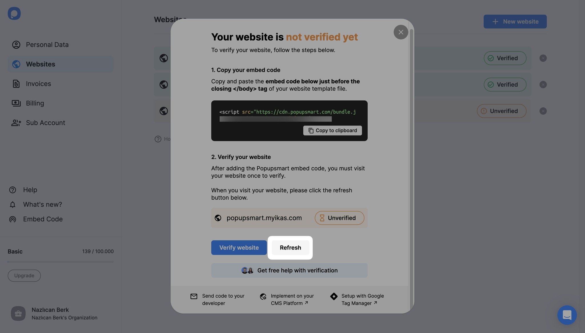 refresh button on the modal