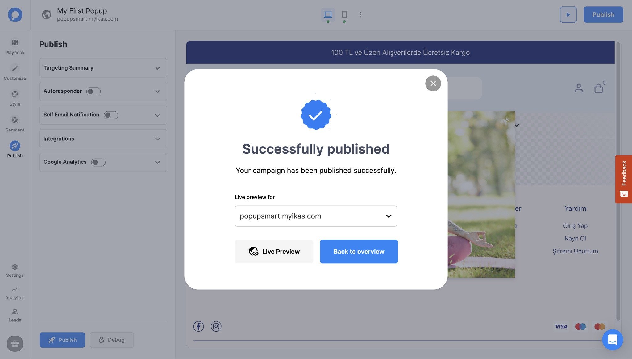 successfully published modal