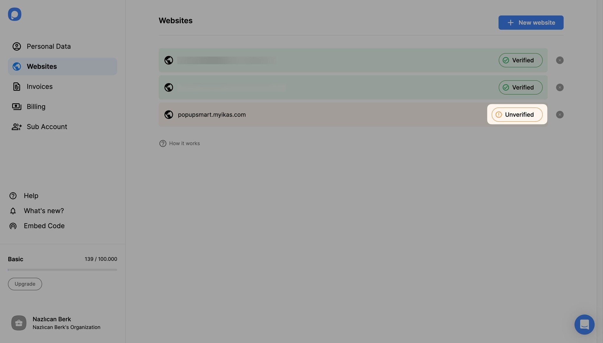 unverified button on dashboard