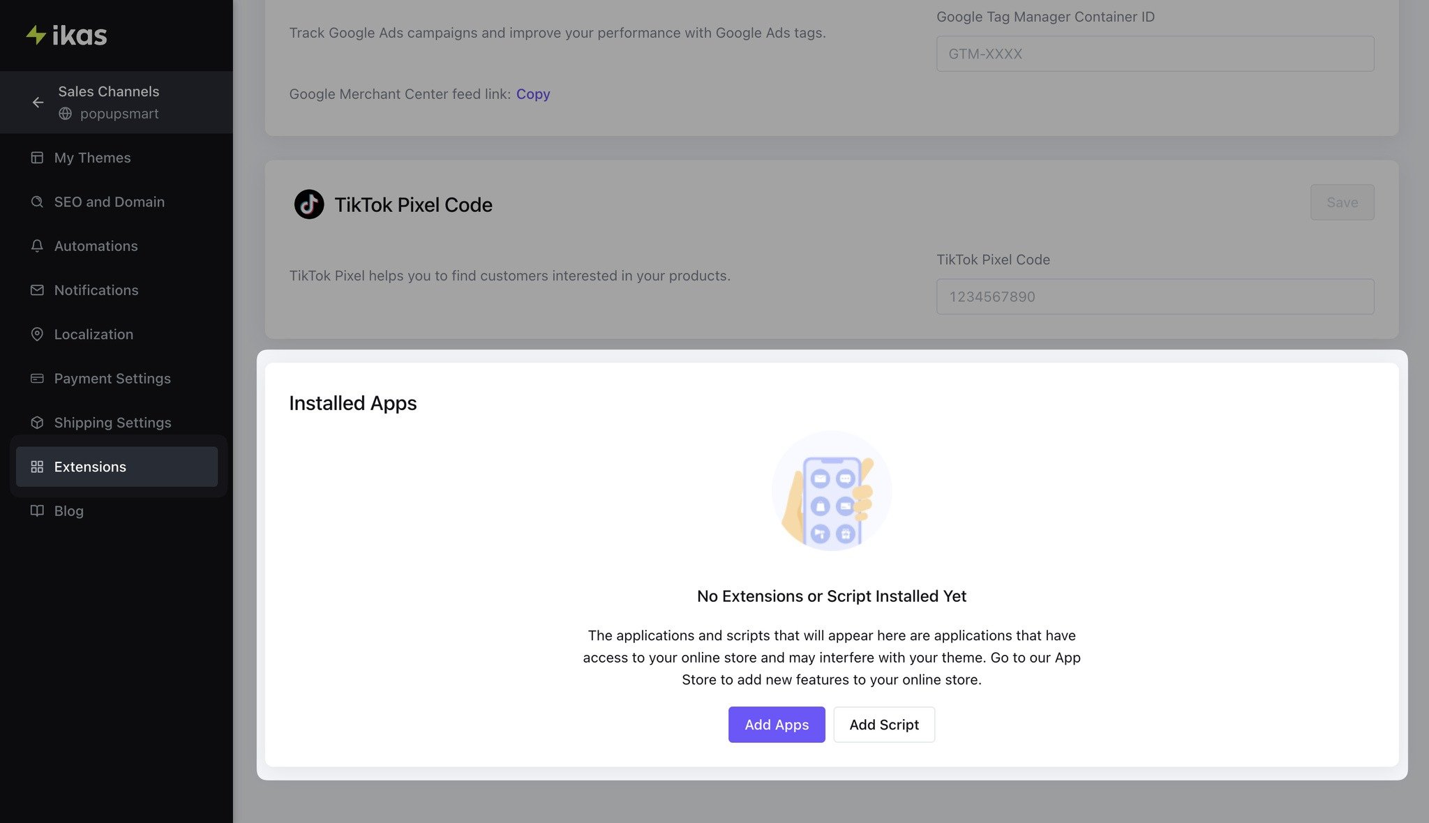 extensions section on ikas admin