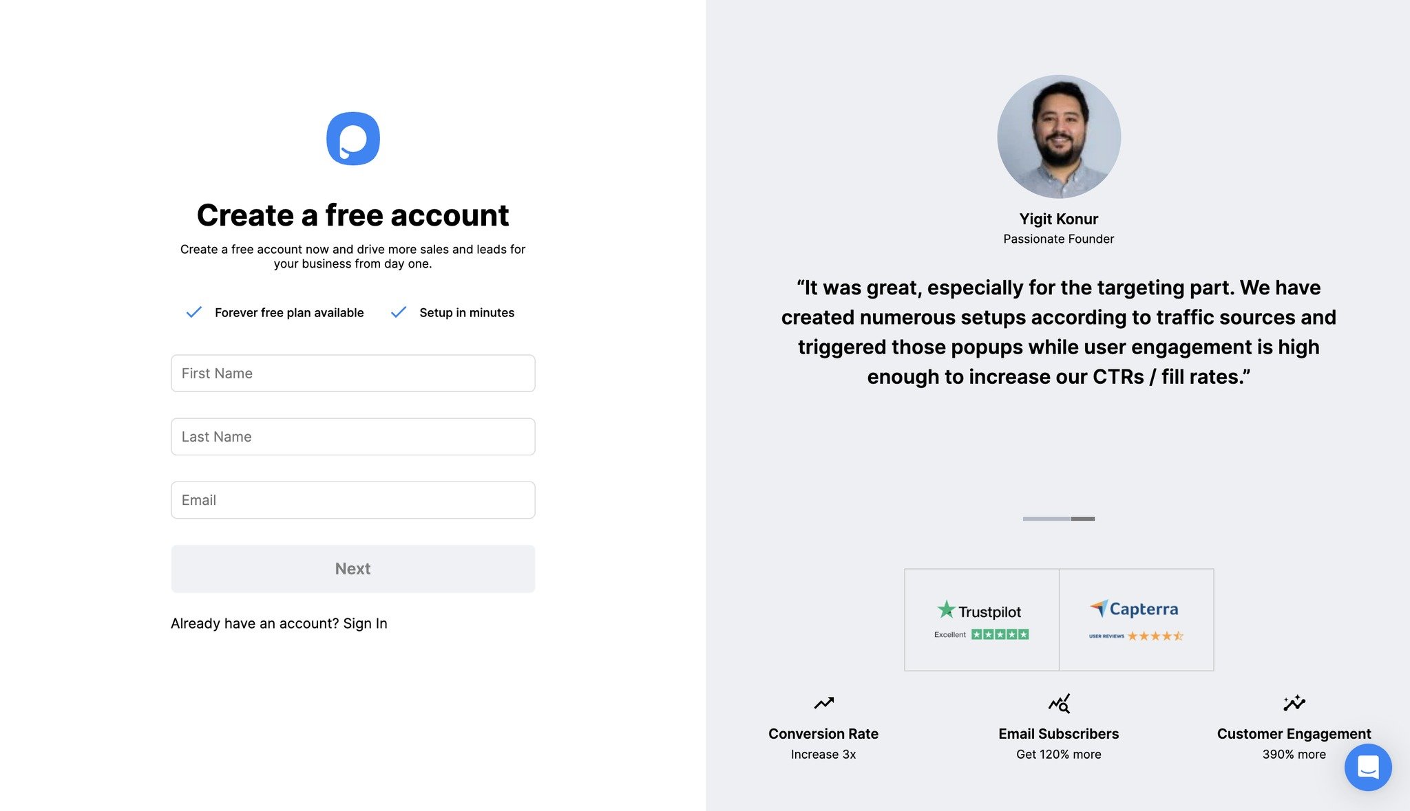 popupsmart registration step