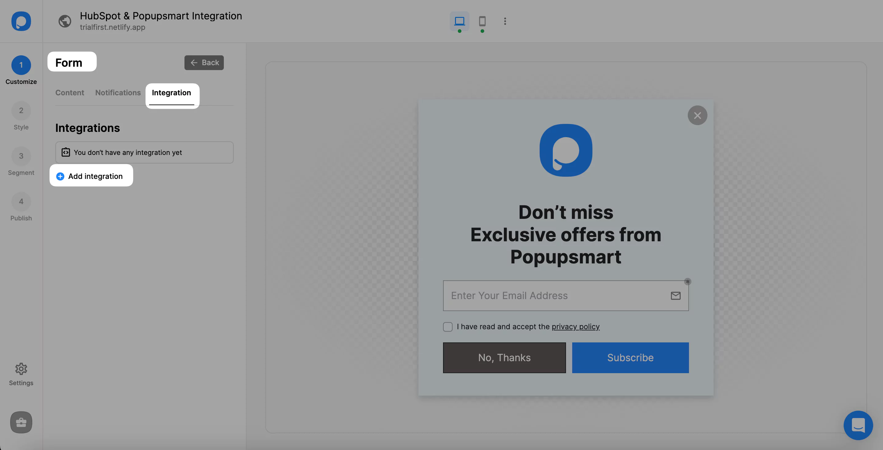 click add integration
