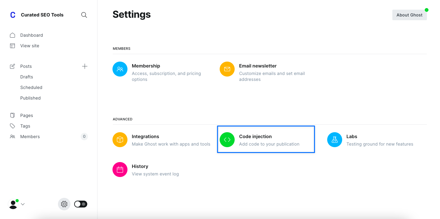 ghost dashboard ayarlarında code injection bölümü