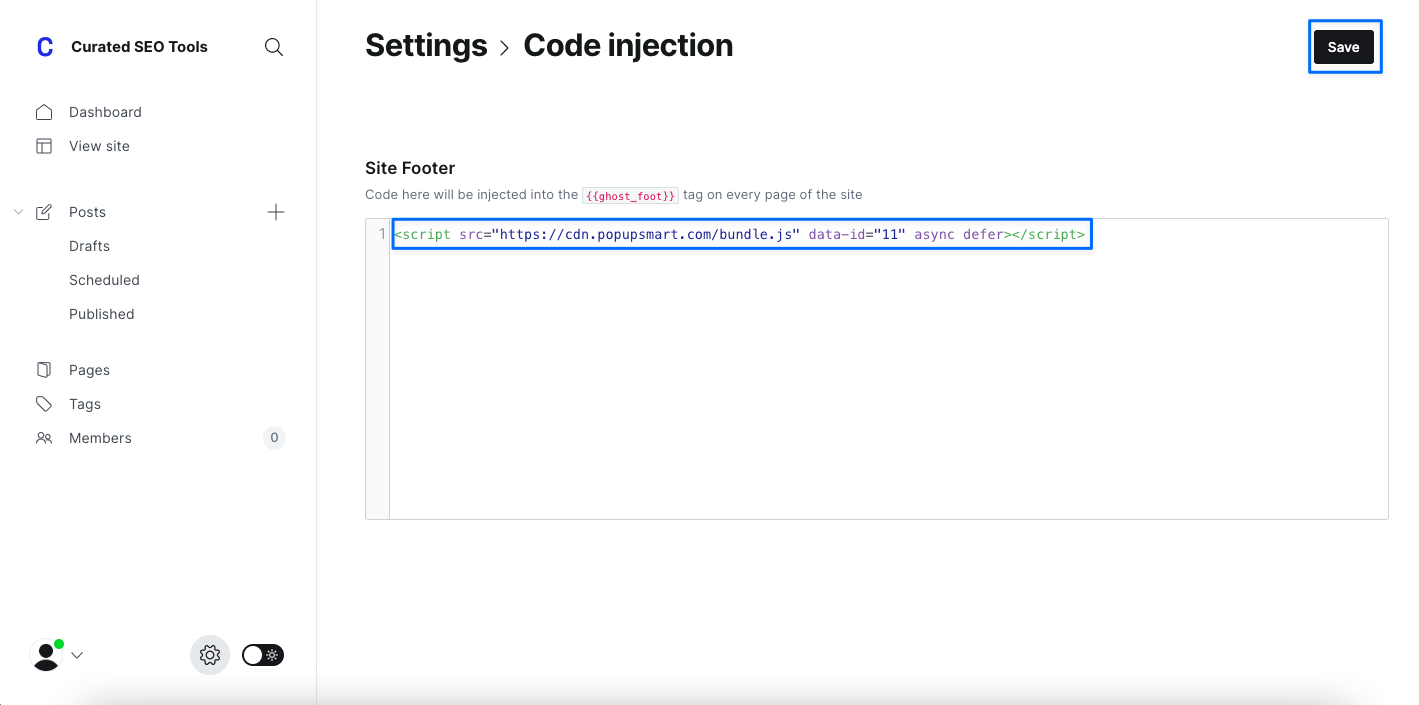 embed kodunu ghost web sitesi alt bilgisine yapıştırma