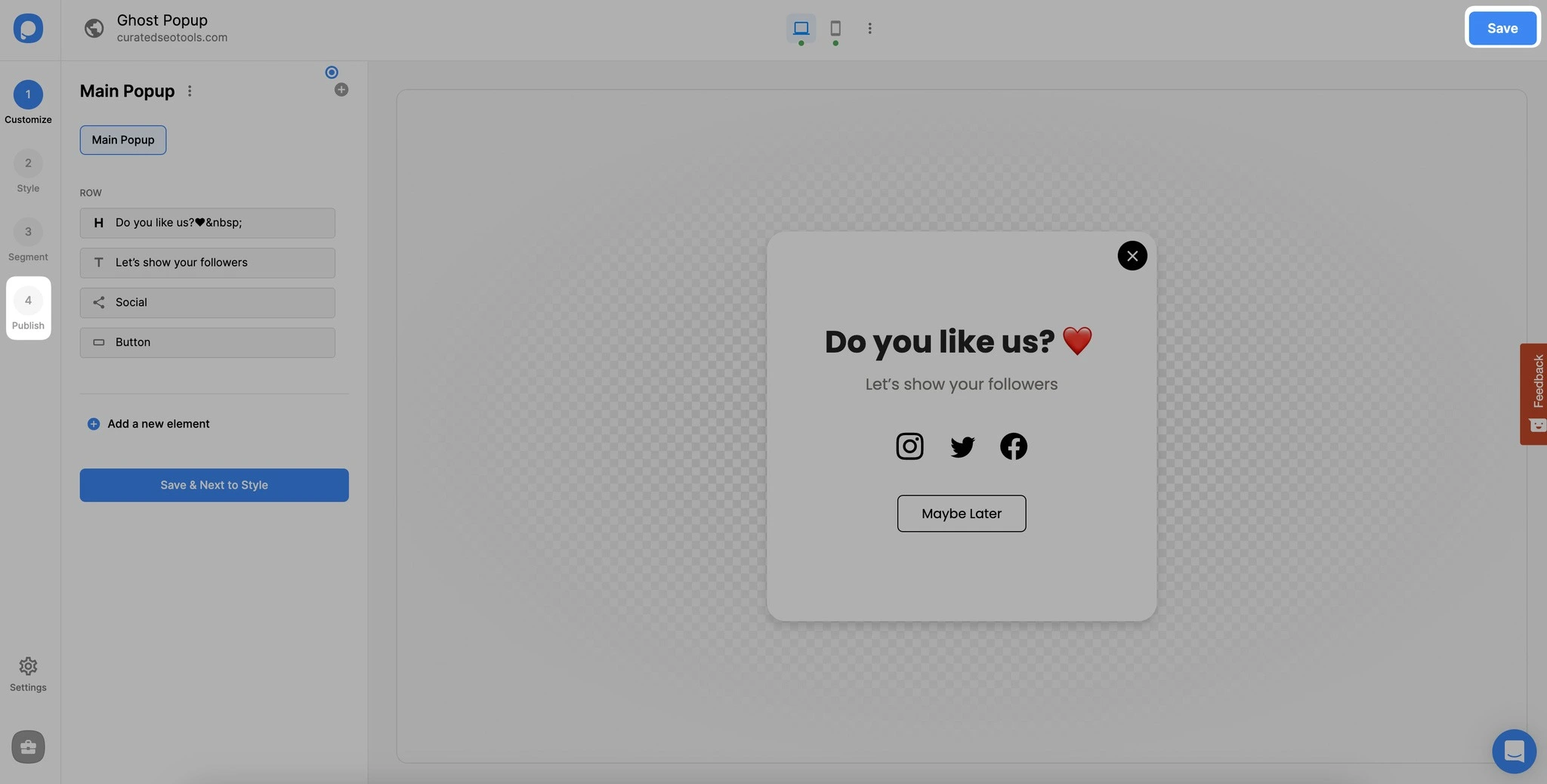 ghost popup'i kaydetme ve yayınlama