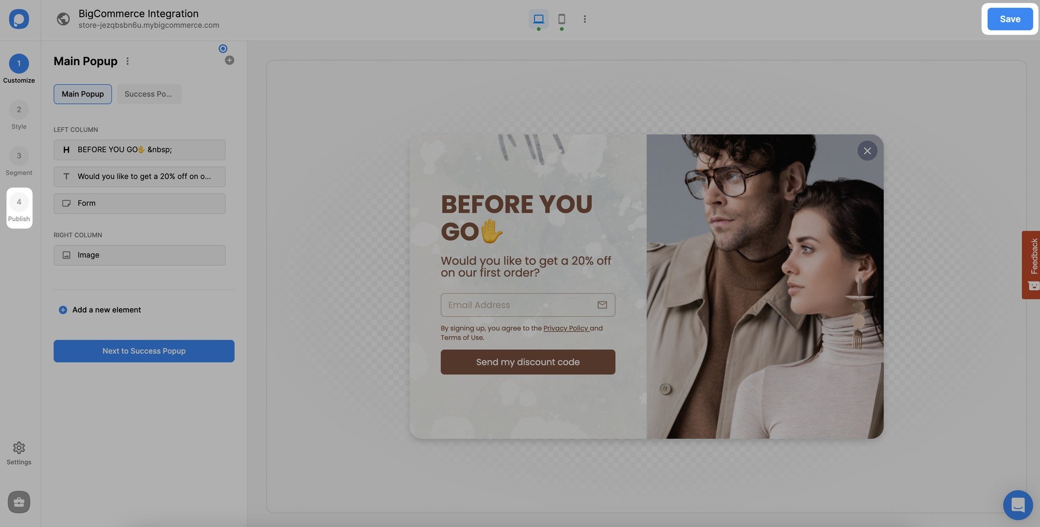 creating saving and publishing bigcommerce popup
