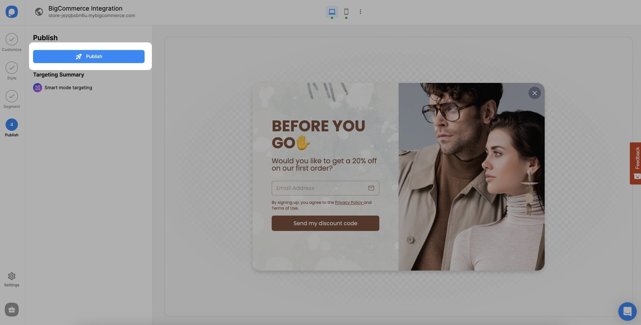 publish step of a bigcommerce popup