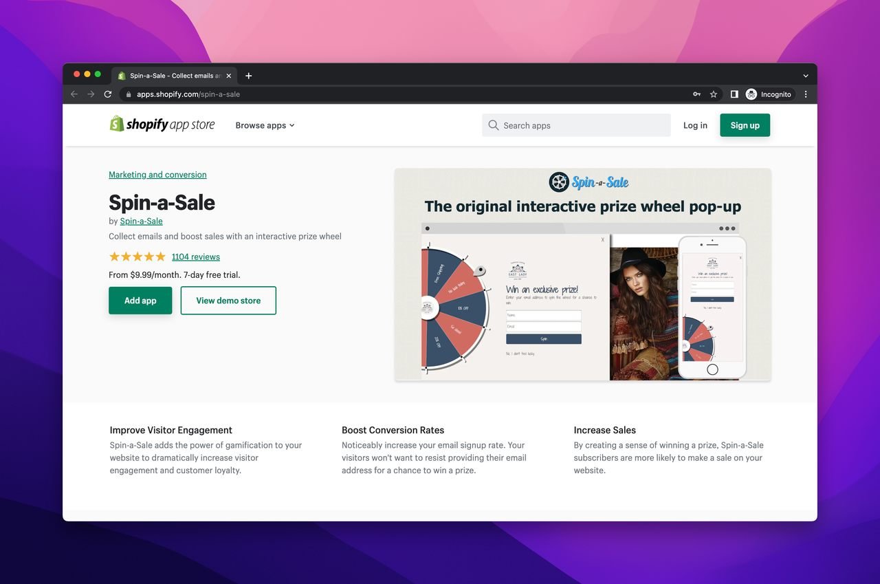 Spin-a-Sale Shopify sayfasında sağ tarafta görünen tekerlek açılır penceresi ve "Uygulamayı ekle" ve "Demo mağazayı görüntüle" butonlarının ekran görüntüsü
