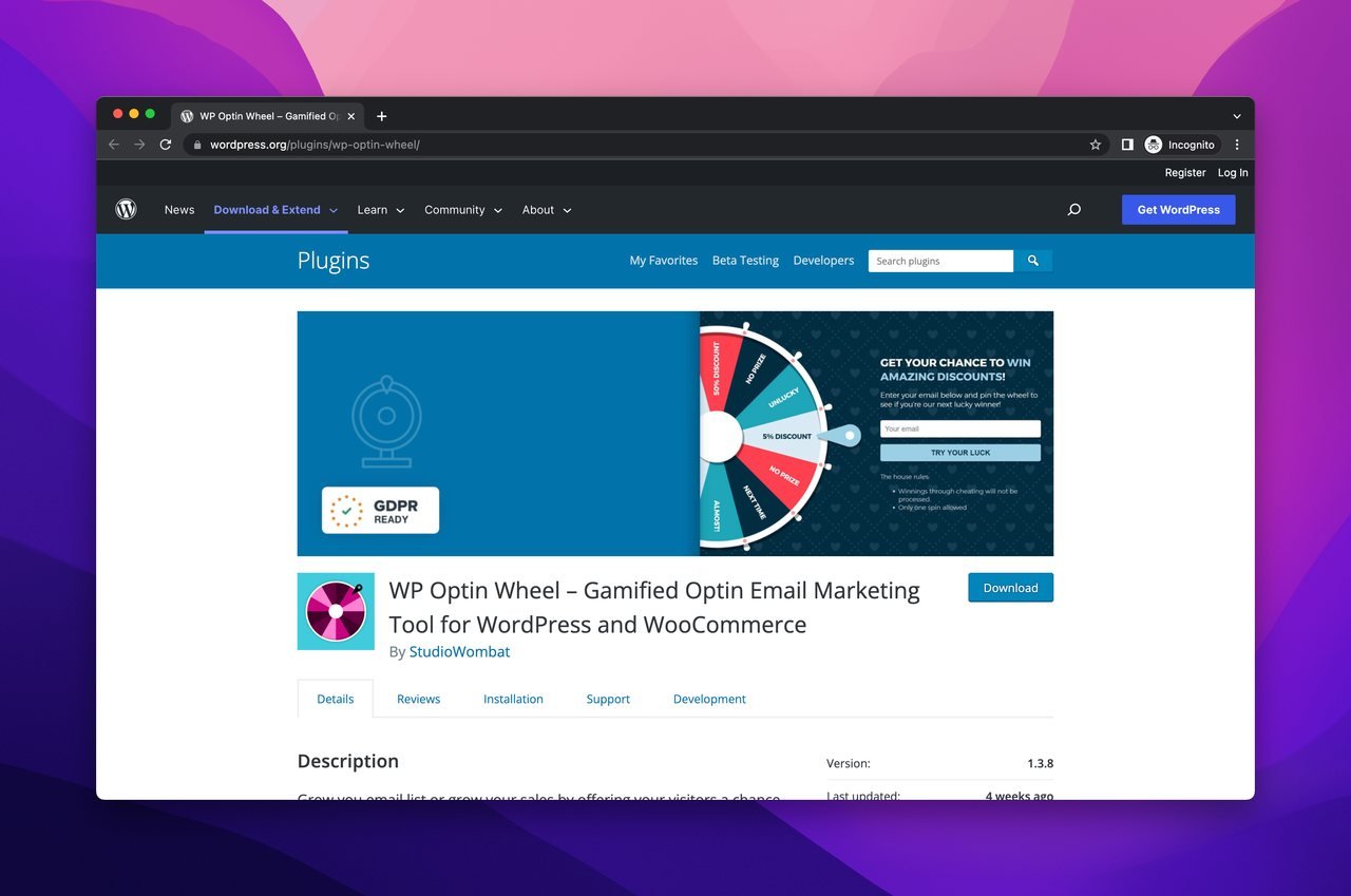 Wordpress optin wheel anasayfası, sayfanın sağ üst tarafında bir tekerlek popup gösteriyor