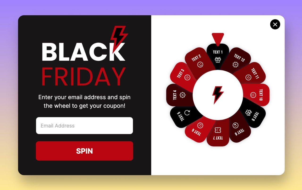 Black Friday için siyah ve kırmızı temalı bir wheel popup örneği