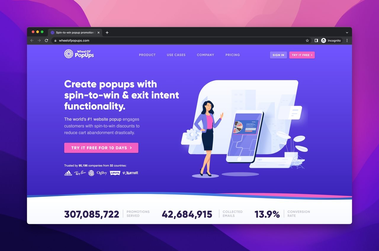 wheel of popups ana sayfasında mor bir arka plan var ve büyük bir cep telefonu ile çalışan bir kadın illüstrasyonu var. Resmin sol tarafında "Kazandıran Çark & Çıkış Niyeti Özelliğiyle Popup'lar oluşturun" başlığı yer alıyor.
