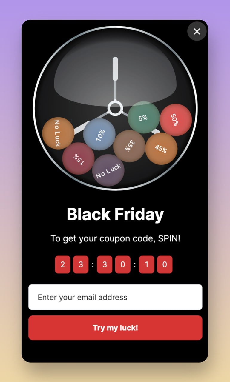 geri sayım sayacı ile birlikte çarkıfelek popup örneği ve "Black Friday, kupon kodunu almak için DÖNDÜR!" yazılı bir metin