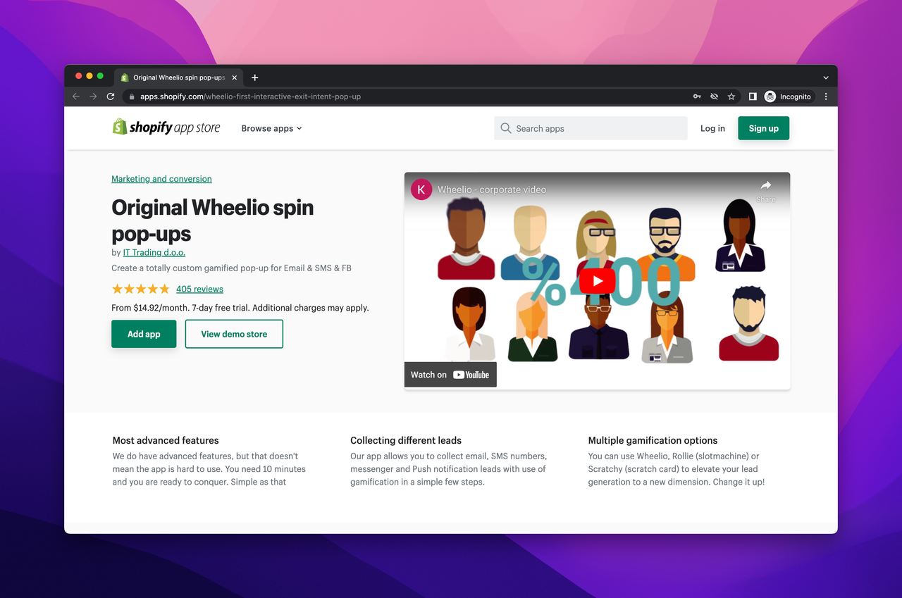 Shopify sayfasında yer alan Wheelio aracını gösteren bir sayfa. Sayfanın sağ tarafında gömülü bir Youtube videosu ve "Orijinal Wheelio Spin-to-Win Pop-up'ları" başlıklı bir başlık var. İki buton mevcut: "Uygulamayı ekle" ve "Demo mağazasını görüntüle"