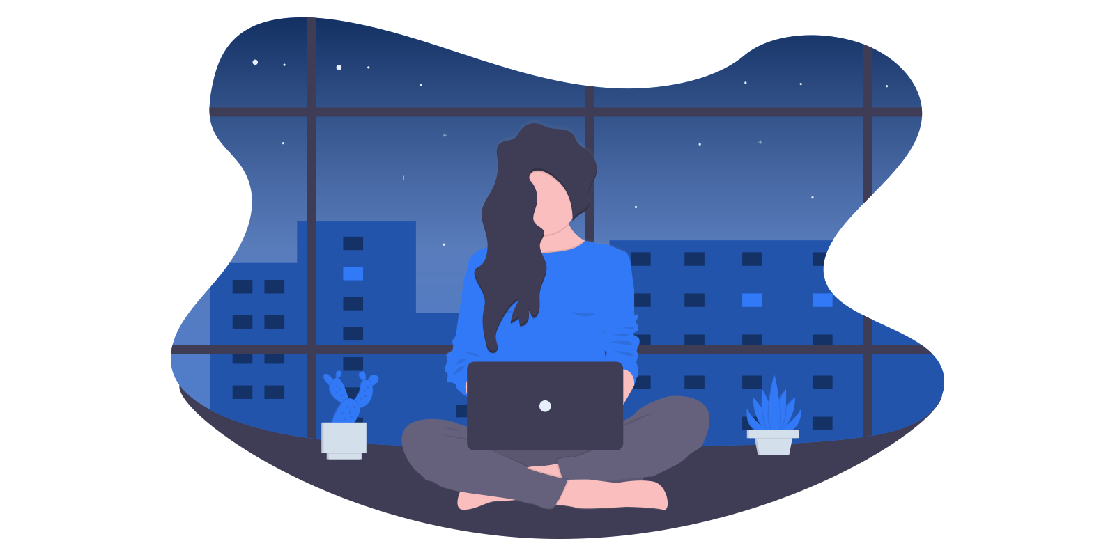a girl sitting and browsing on her phone with blue background