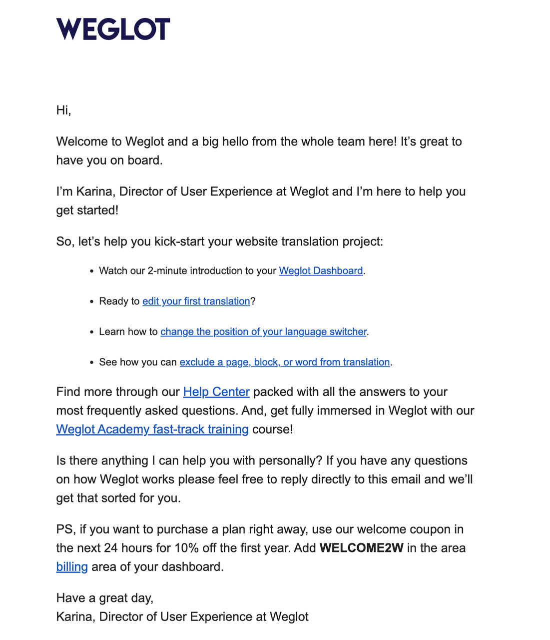 Weglot free trial email with step-by-step text instructions and personal help offer