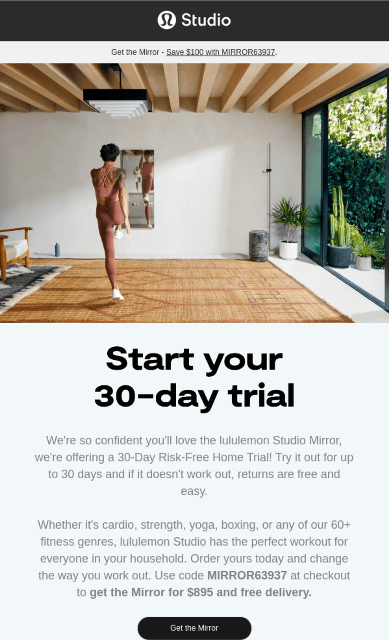 Lululemon free trial email with 30-day trial headline and bold promo code