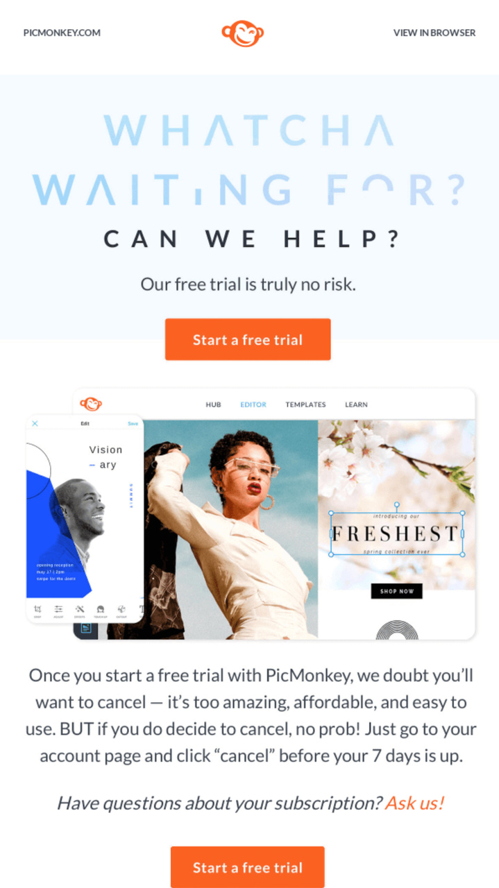 PicMonkey free trial email emphasizing risk-free trial with product screenshots and template suggestions