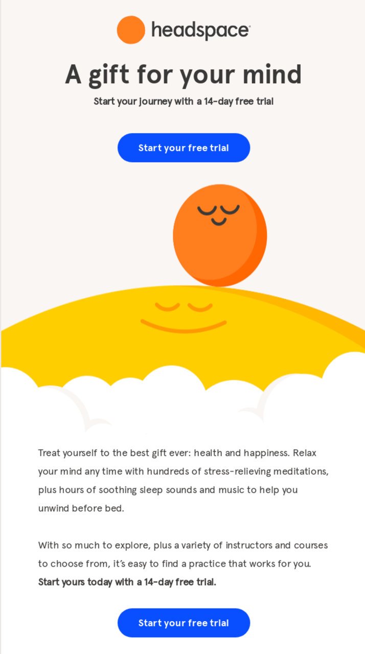 Headspace free trial email presenting 14-day trial as a gift with colorful brand illustration