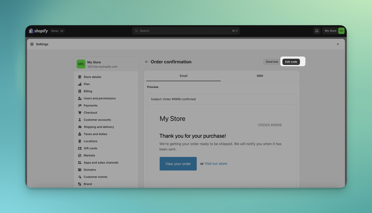 Sipariş onay e-postası için Shopify'daki kod düzenleme düğmesi