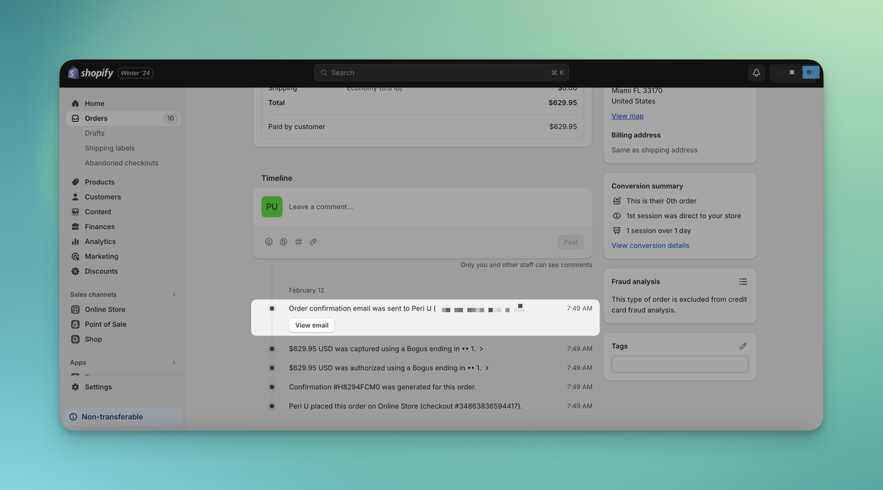 Shopify siparişindeki e-postayı görüntüle düğmesi