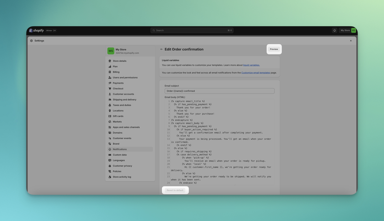 Shopify sipariş onay e-postasının önizleme butonu