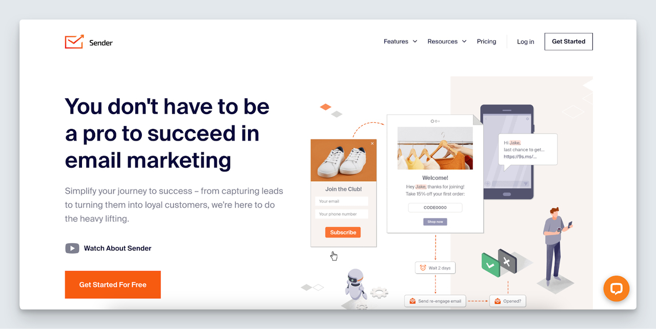 Homepage screenshot from the website of Sender, one of the Email Marketing Service Providers.