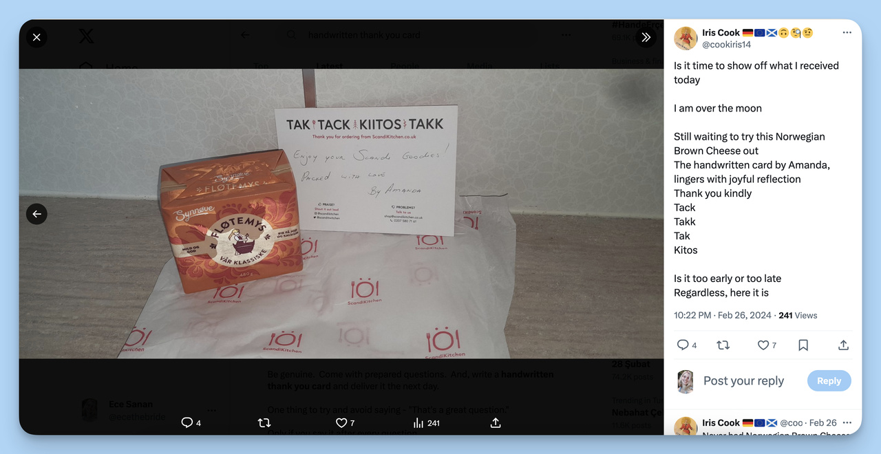 Handwritten thank you for your order note from Amanda at a Scandi brand packed inside customer package