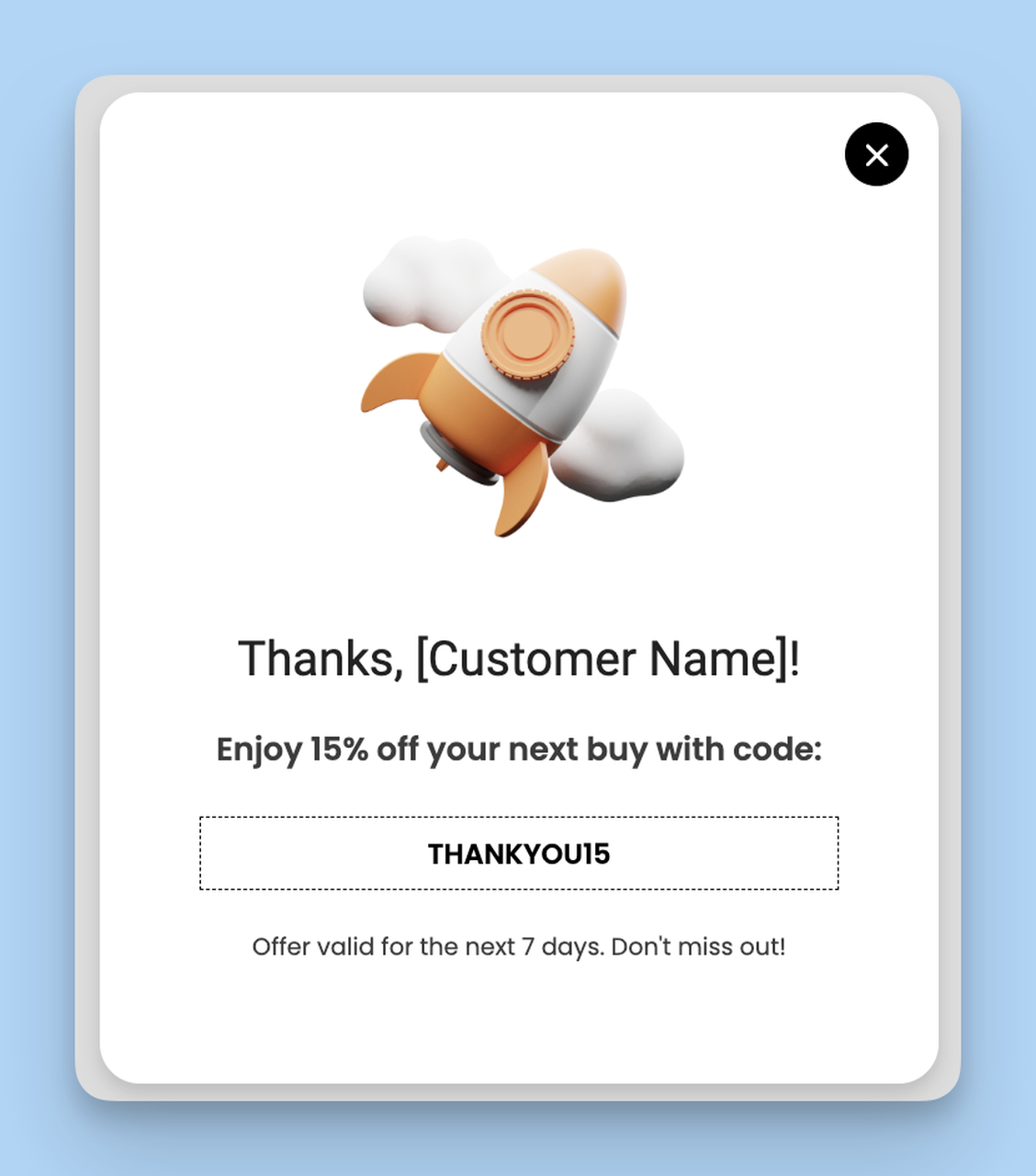 Popupsmart special offer popup example showing discount code for next purchase after order completion