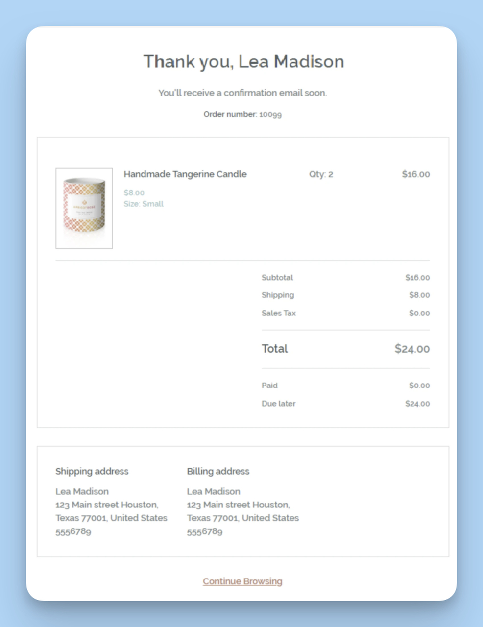 Ecommerce thank you page example showing order confirmation details and next steps