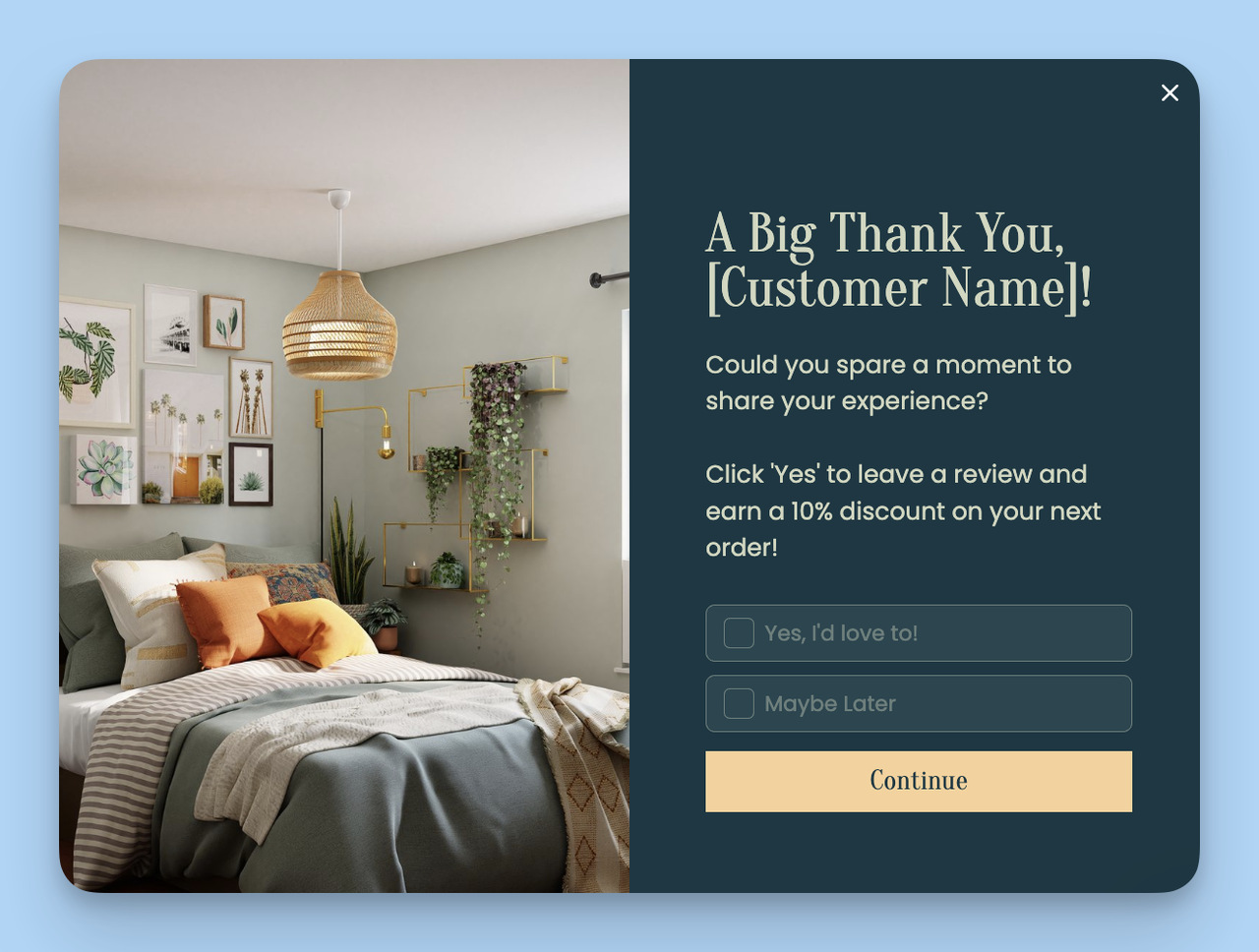 Popupsmart review request popup example asking for customer feedback after order completion