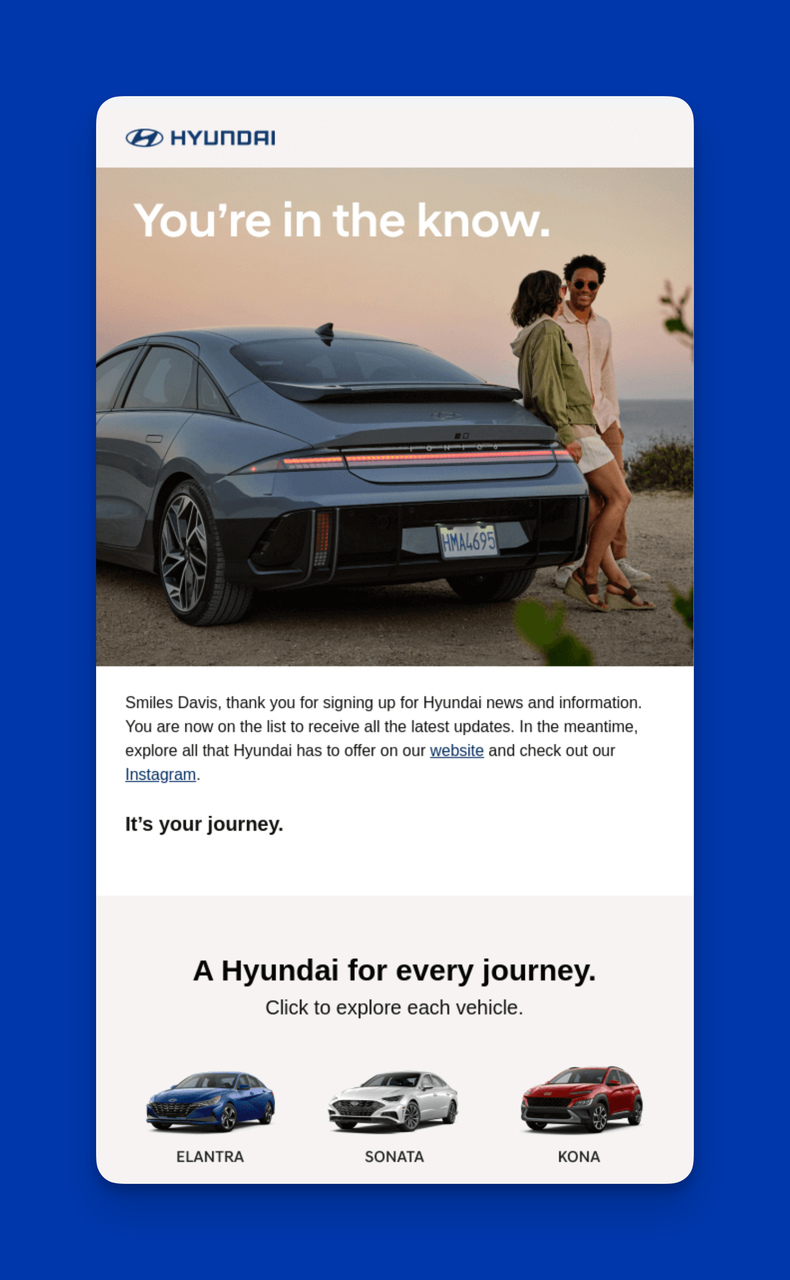 Hyundai'nin Gerçek Hayatta Kullanılmış Profesyonel E-posta Konu Satırı Örneği: “Hyundai'ye ilginiz için teşekkür ederiz.”