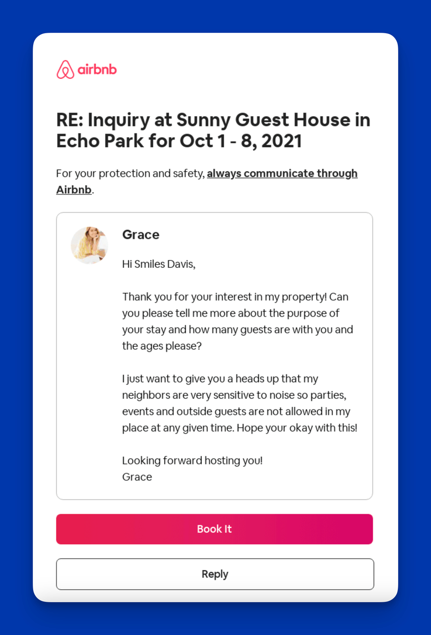 Airbnb'den Gerçek Dünya Profesyonel E-posta Konu Başlığı Örneği: “RE: 1 - 8 Ekim 2021 tarihleri arasında Echo Park'taki Sunny Guest House hakkında Sorgulama”