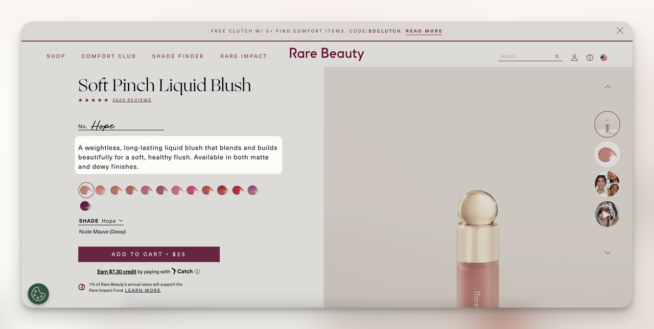 Rare Beauty adlı e-ticaret sitesinde, likit bir allık için ürün açıklaması ekran görüntüsü.