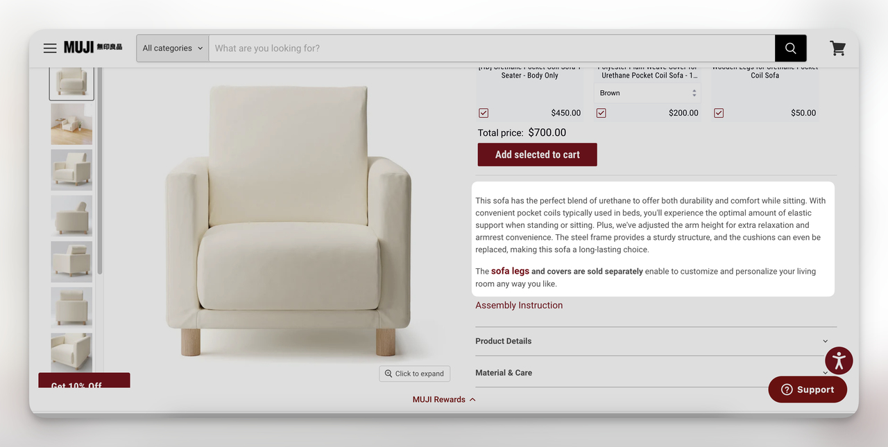 Bir e-ticaret sitesinde, MUJI'deki bir koltuk için ürün açıklamasının ekran görüntüsü.