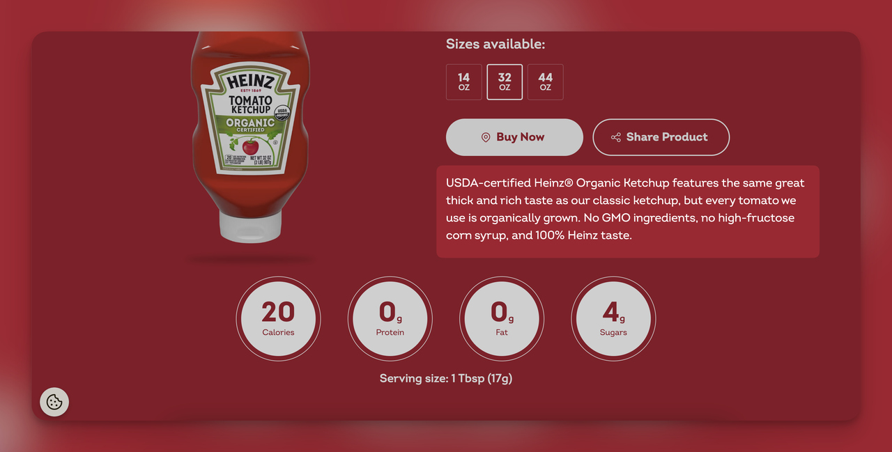 Heinz'ın bir e-ticaret sitesinde ketçap için ürün tanımı ekran görüntüsü.