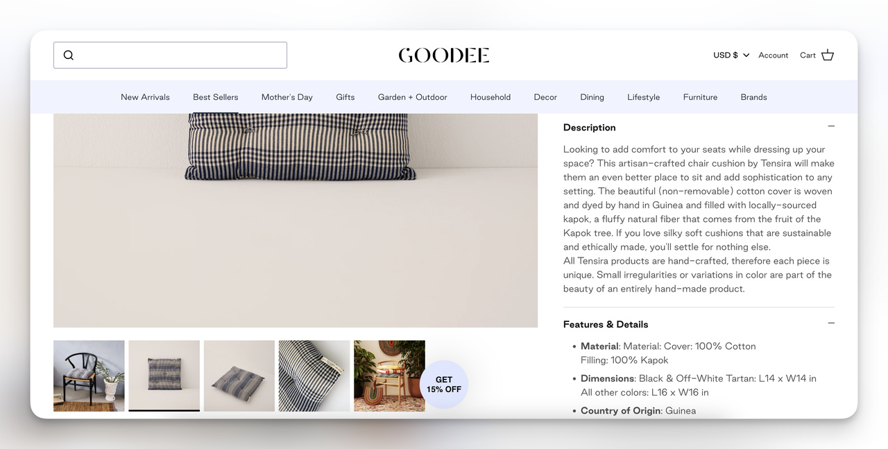 Goodee adlı e-ticaret sitesinde bir sandalye minderi için ürün açıklamasının ekran görüntüsü