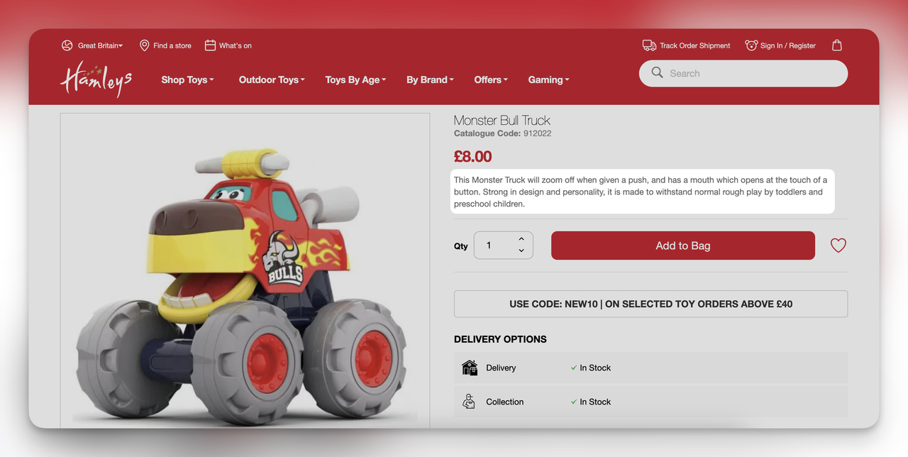 Hamleys'de bir oyuncak için ürün açıklamasının ekran görüntüsü.