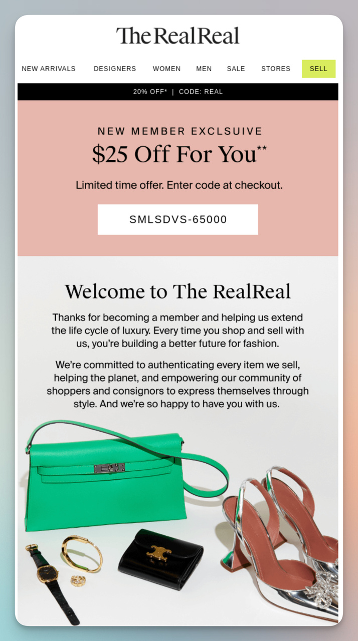 TheRealReal welcome email with new member exclusive discount and brand values messaging