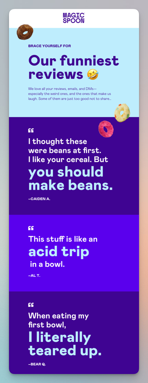 Magic Spoon social proof email with humorous customer review testimonials and first names