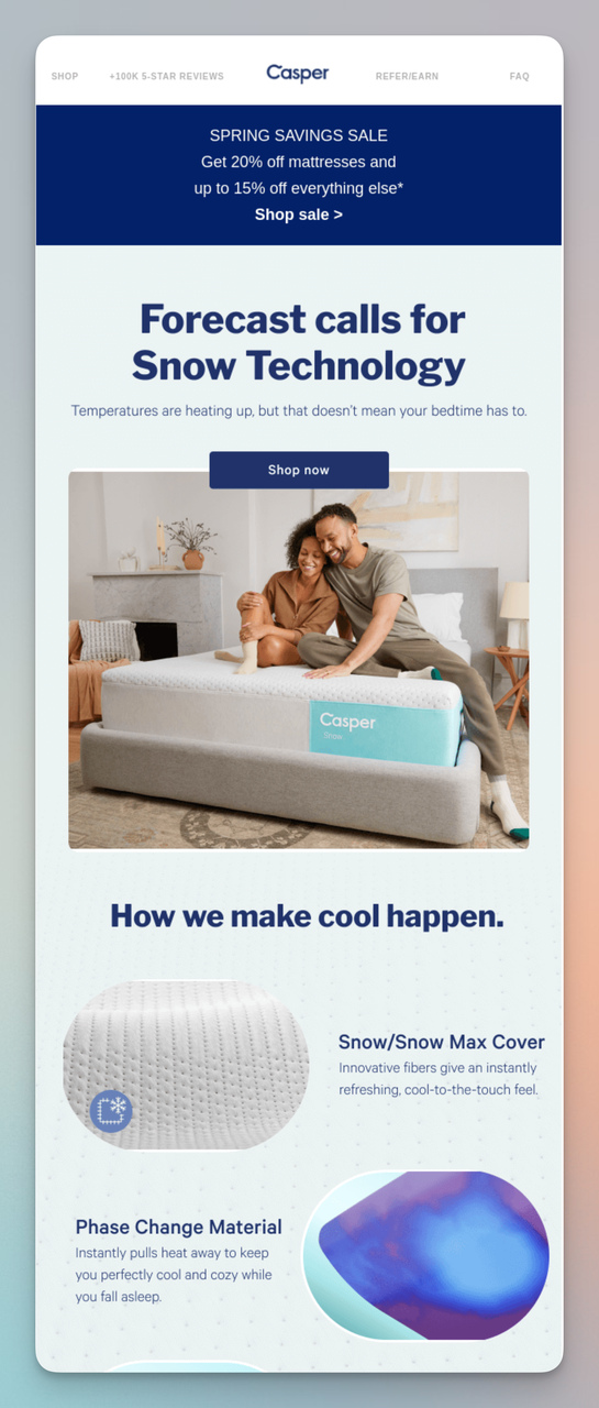 Casper spring seasonal email promoting Snow Technology cooling mattress with seasonal discount