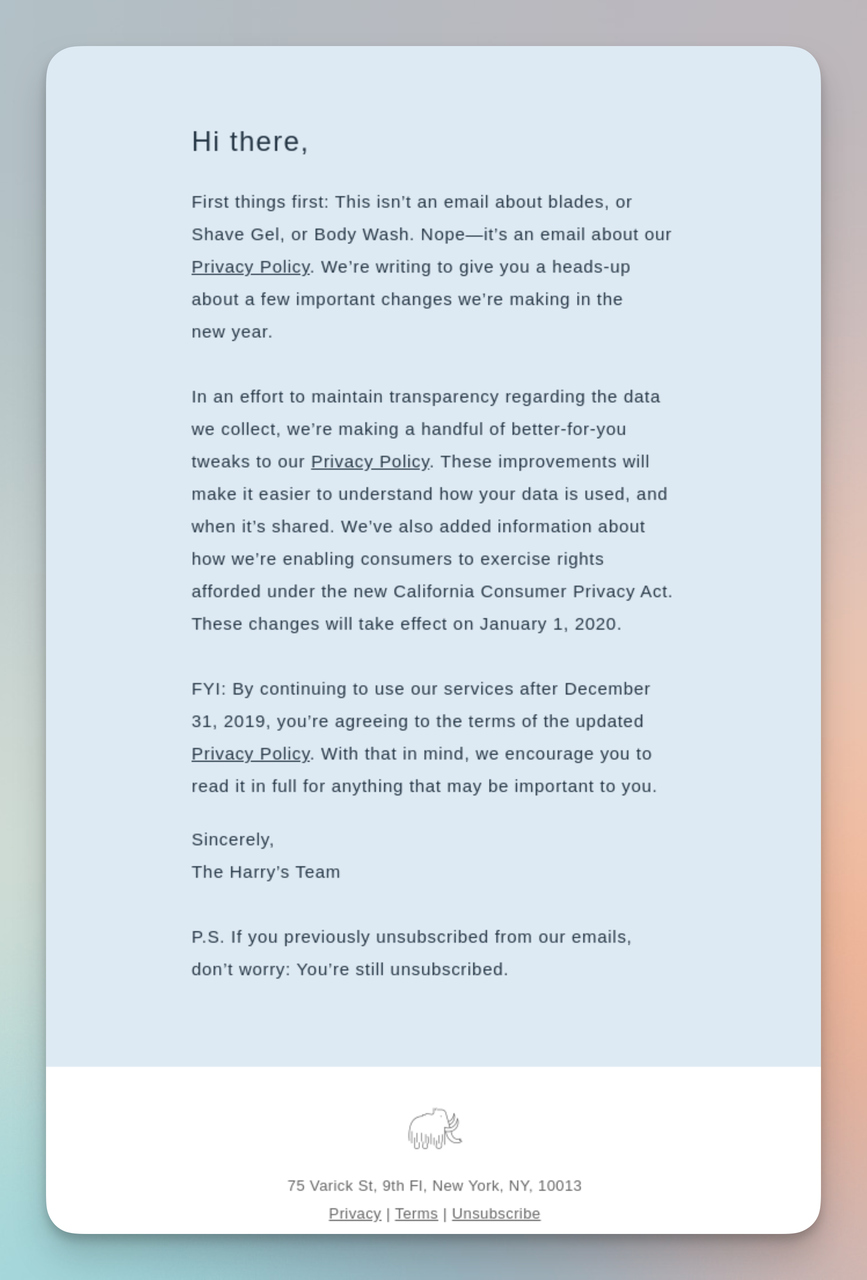 Harry's privacy policy update email with friendly conversational tone and clear explanation