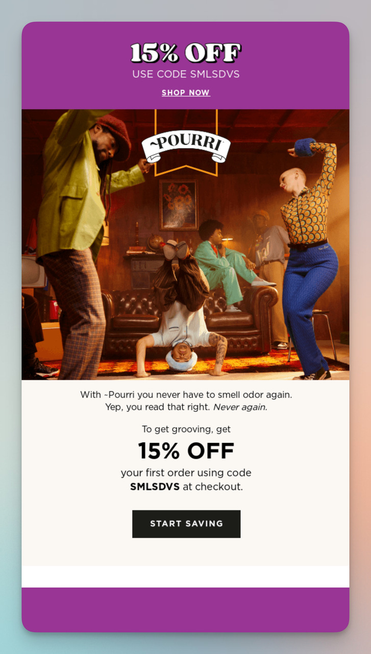 Pourri promotional email with bold discount display and humorous product-focused copy