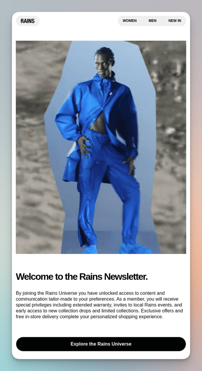 Rains newsletter email showing community welcome message and brand story