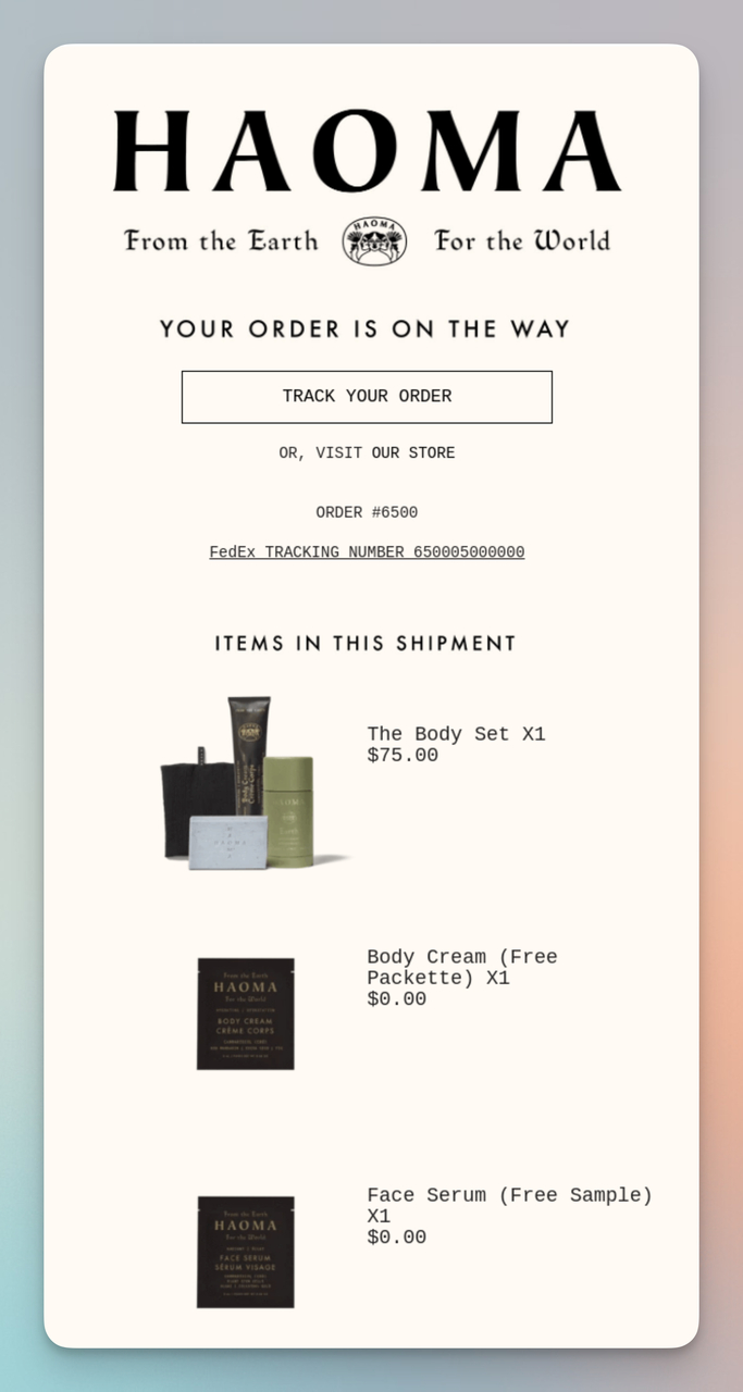 Haoma order confirmation email with tracking button, order details, and itemized product list