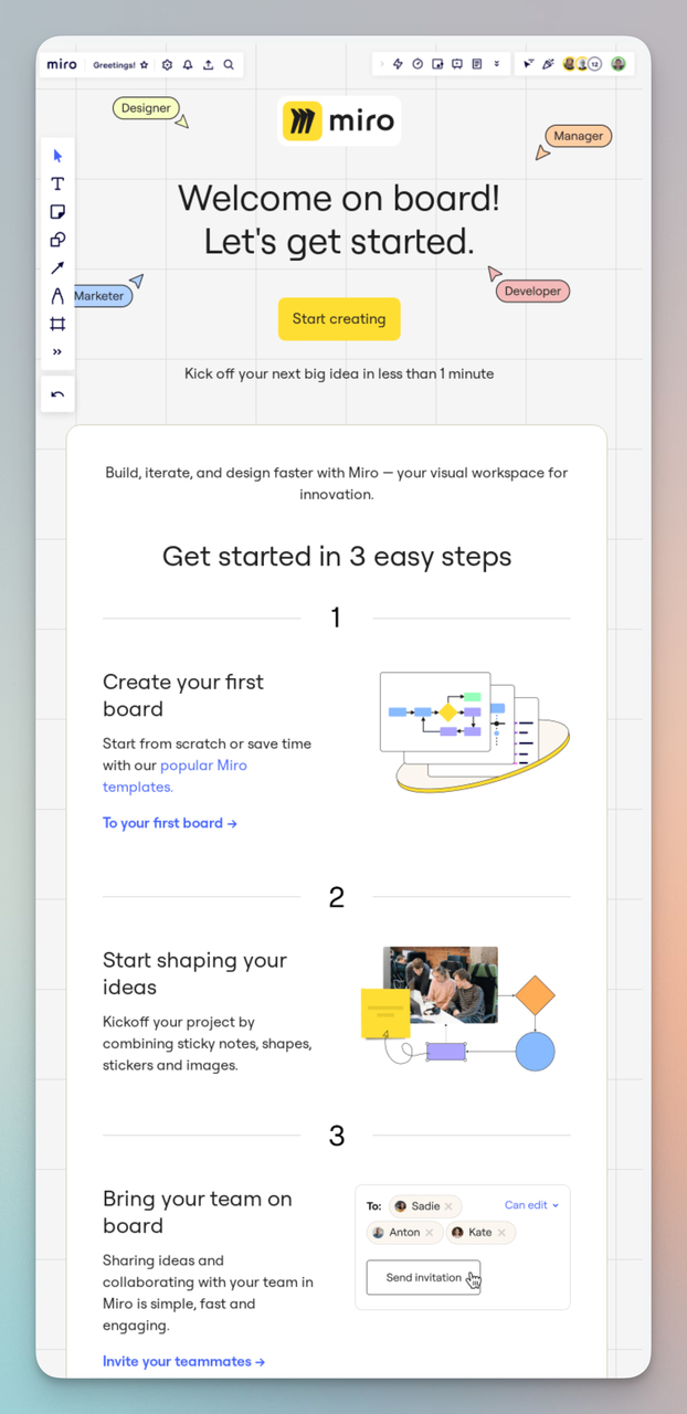 Miro onboarding email with numbered steps for creating first collaborative board