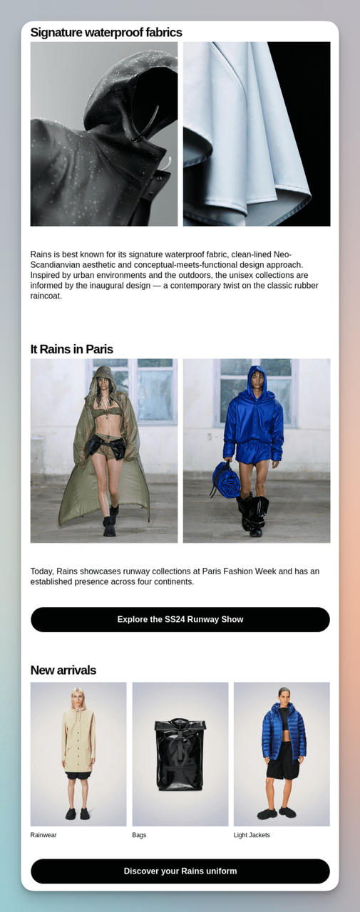 Rains newsletter email second section featuring Paris Fashion Week and waterproof product highlights