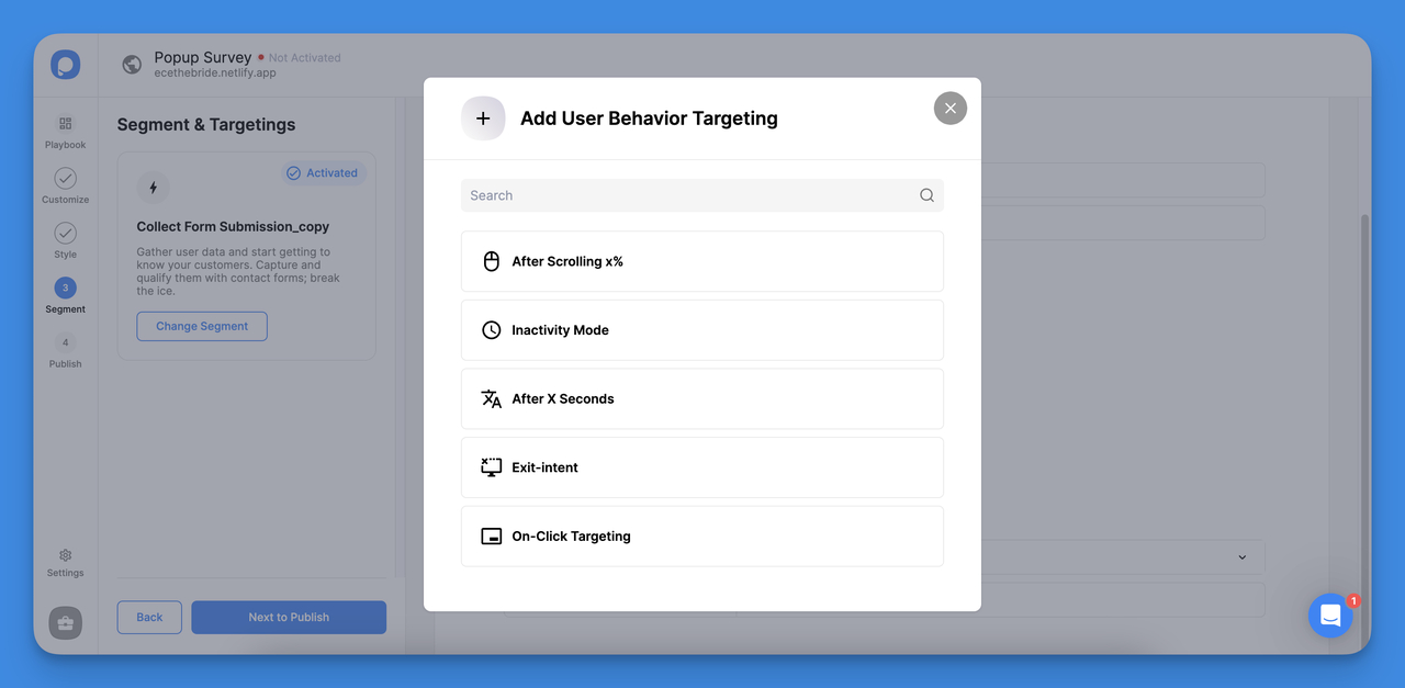 Selection process for defining popup survey audience targeting with predefined segments in Popupsmart