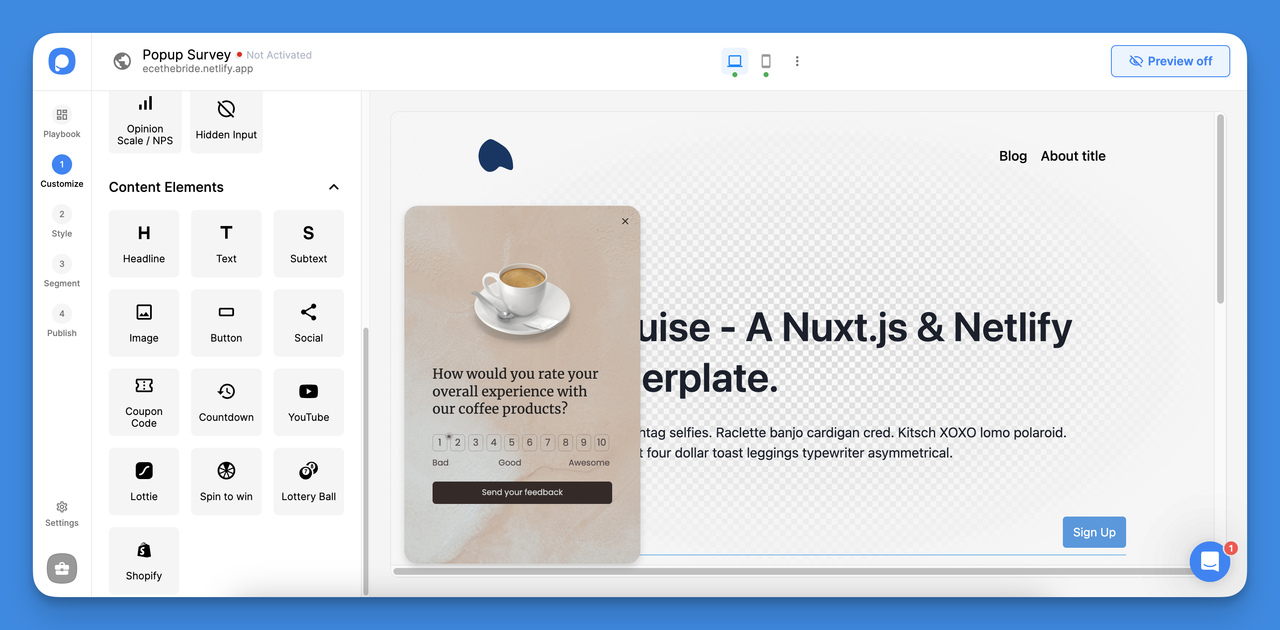 Adding content elements like coupon codes and images to a Popupsmart survey for improved participation