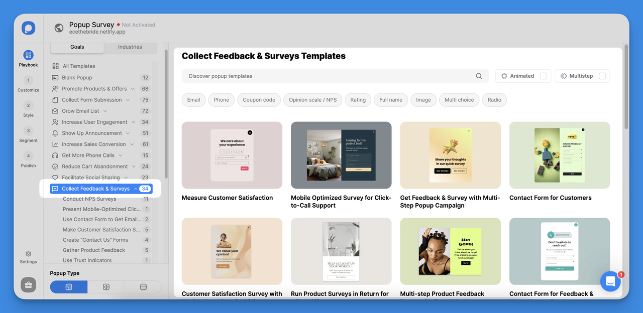 Popupsmart platform showing Collect Feedback and Survey template filter for creating new popup campaigns
