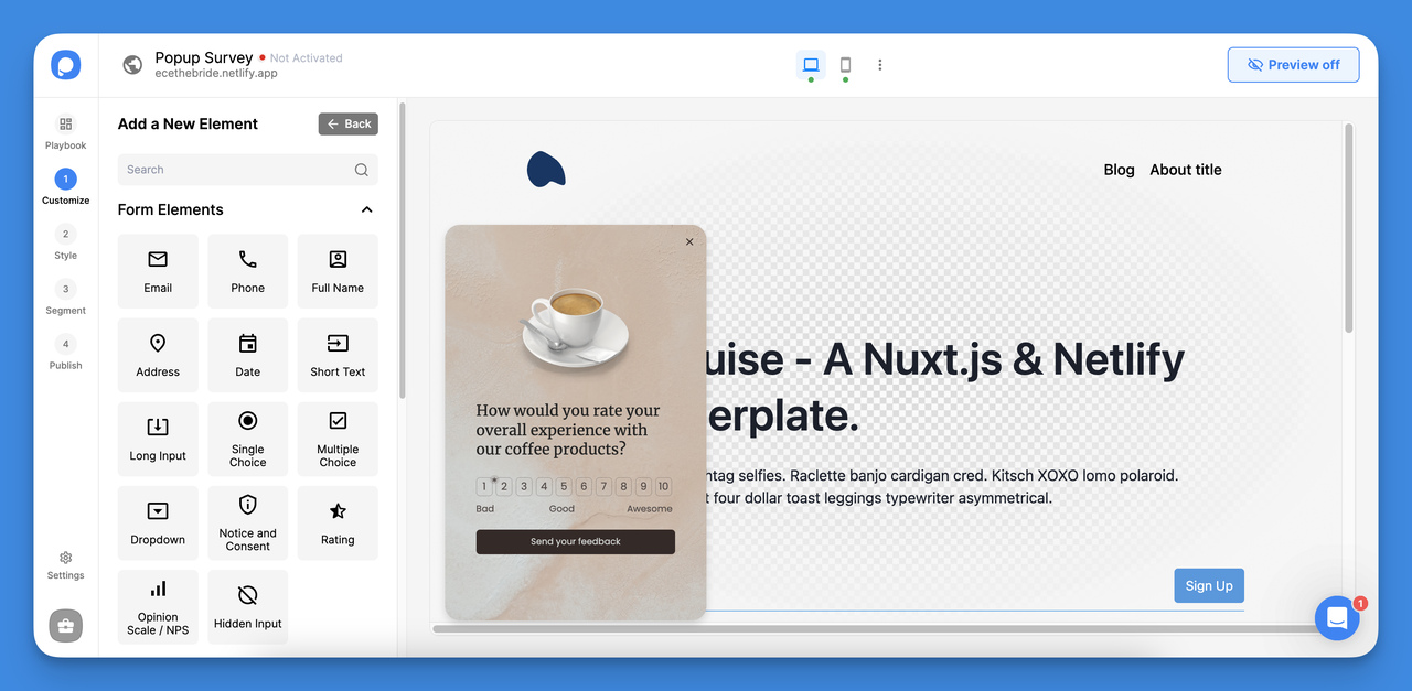 Popupsmart interface showing the Add a new element button for customizing popup surveys with form elements